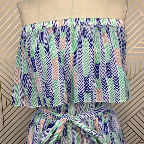 Lemlem Gigi Silk Strapless Romper in Blue Green Chevron Print Size‎ US Small - Picture 2 of 11